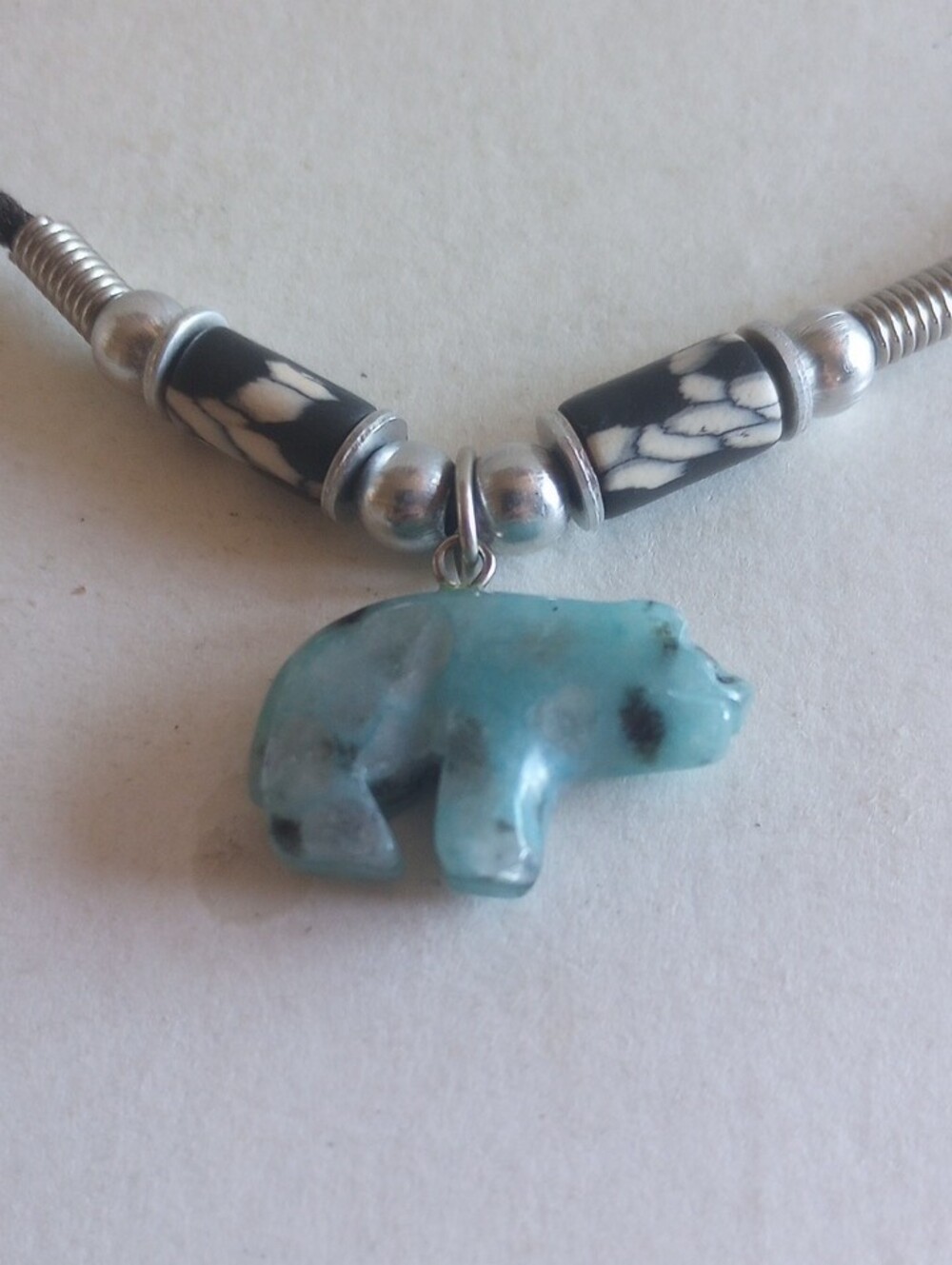 Zuni Hand Carved Green Aventutine Bear Pendant On Leather Cord.